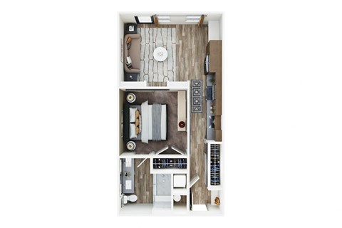 a stylized floor plan of a 1 bedroom apartment